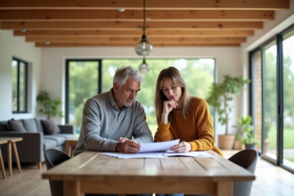 Couple de milieu d'âge discutant de documents de maison