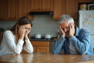 Couple d'adultes fatigués assis à une table de cuisine