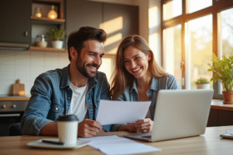 Couple souriant avec documents de prêt immobilier