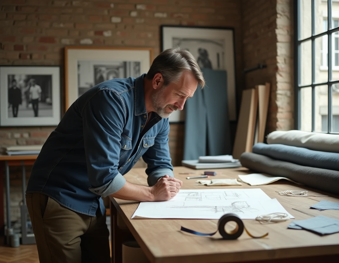 Créateur de mode masculin dans un atelier parisien entouré de croquis et de tissus évoquant l'univers de la marque Faubourg de Paris