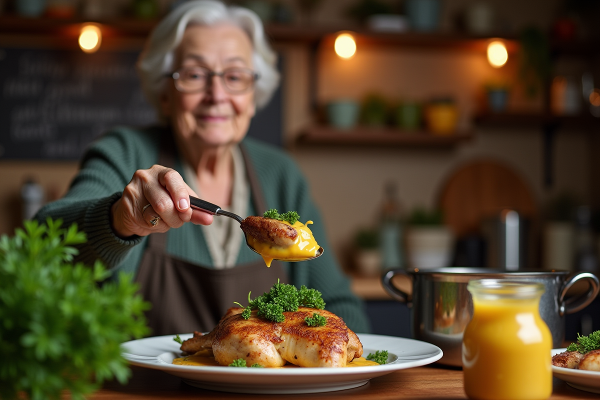 Femme âgée servant du lapin à la moutarde dans la cuisine
