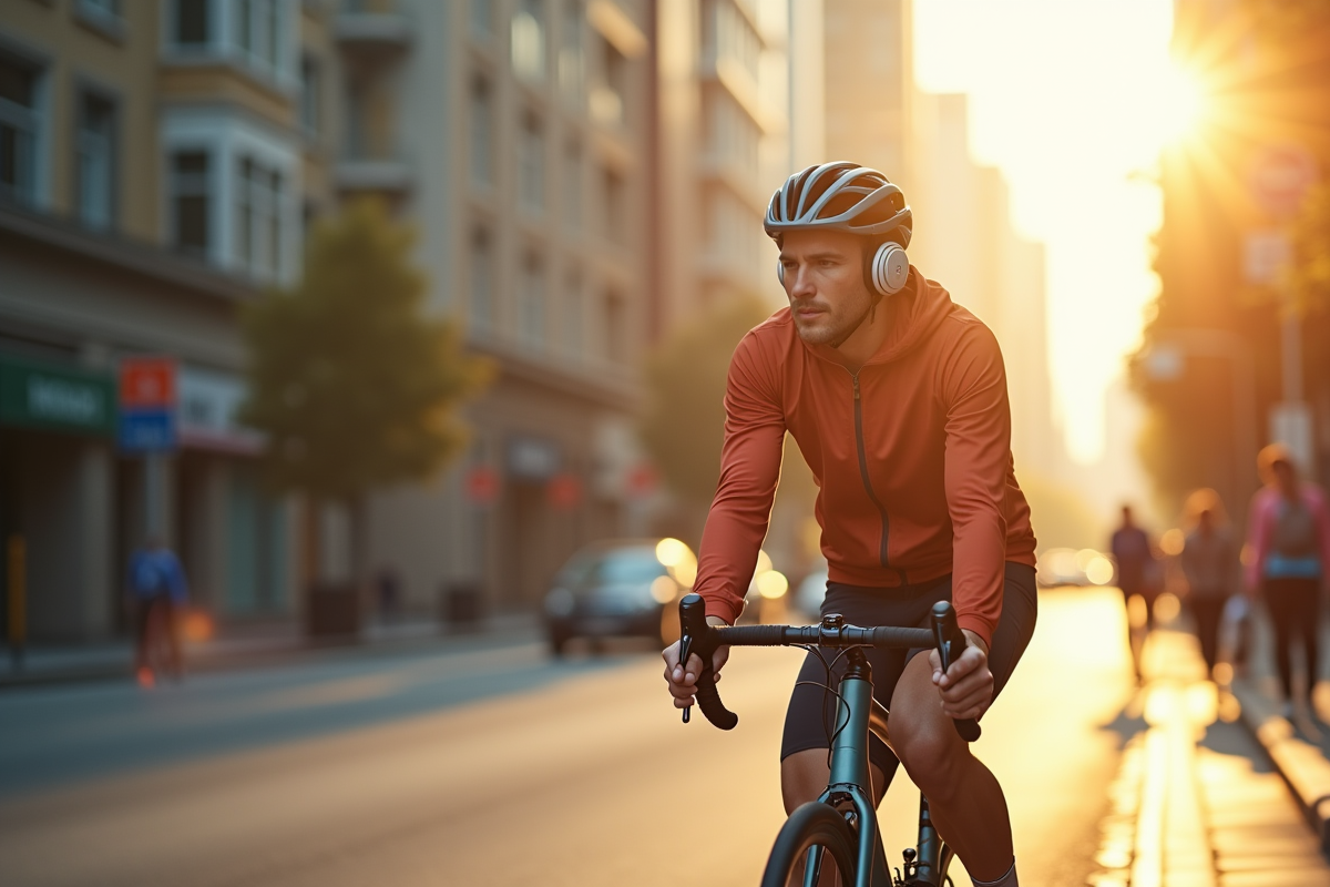 Cycliste urbain avec casque audio hightech en ville