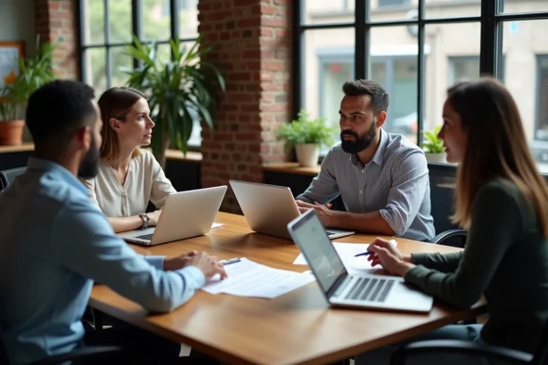 Groupe de personnes aux origines diverses débattant autour d'une table dans un bureau moderne, symbolisant le dialogue sur la cancel culture