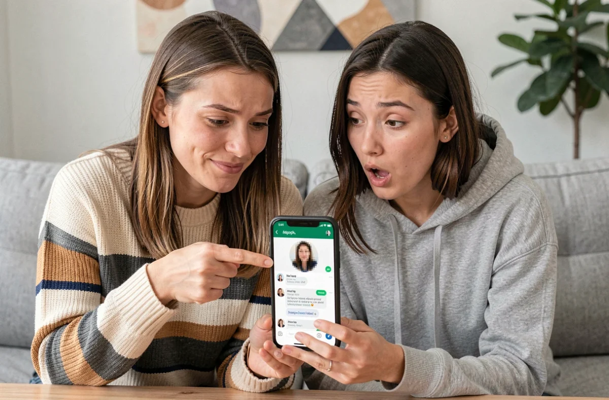 Deux femmes réagissant à une photo de profil WhatsApp pixelisée et mal cadrée sur un canapé moderne
