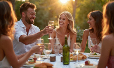 Couple souriant lors d un dîner en plein air dans un jardin