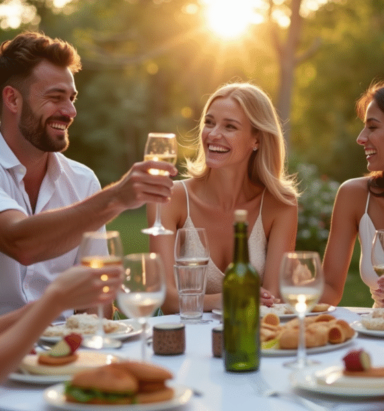 Couple souriant lors d un dîner en plein air dans un jardin