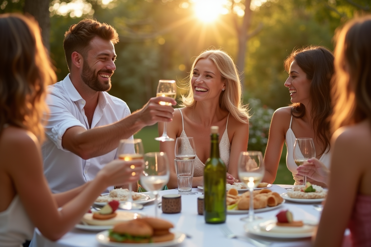 Couple souriant lors d un dîner en plein air dans un jardin