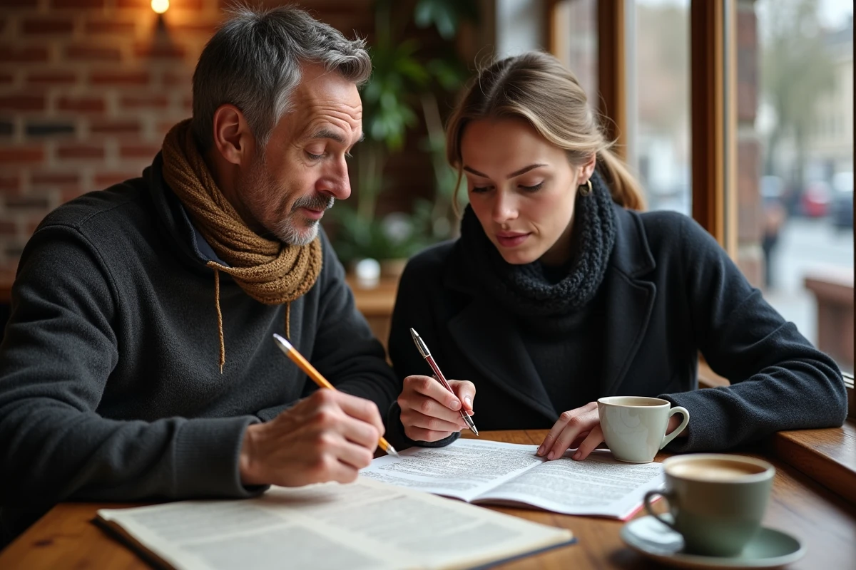 Homme discutant d un essai dans un café chaleureux