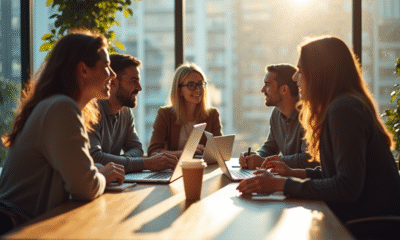 Groupe de personnes discutant autour d'une table lumineuse