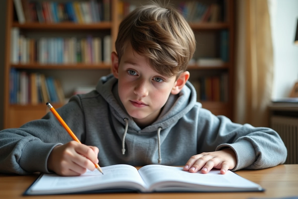 Collégien de 5e étudiant une frise chronologique des rois de France à son bureau pour un cours d'histoire