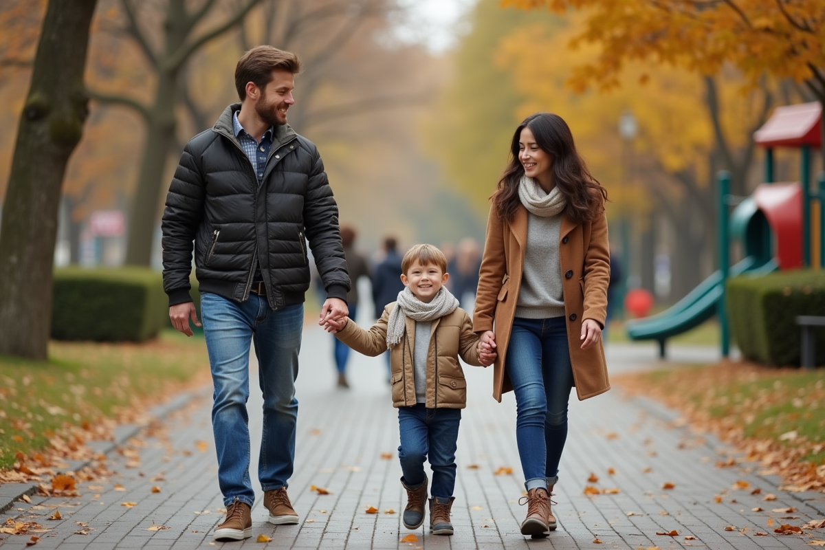 Jeune garçon marchant avec ses parents dans un parc en automne