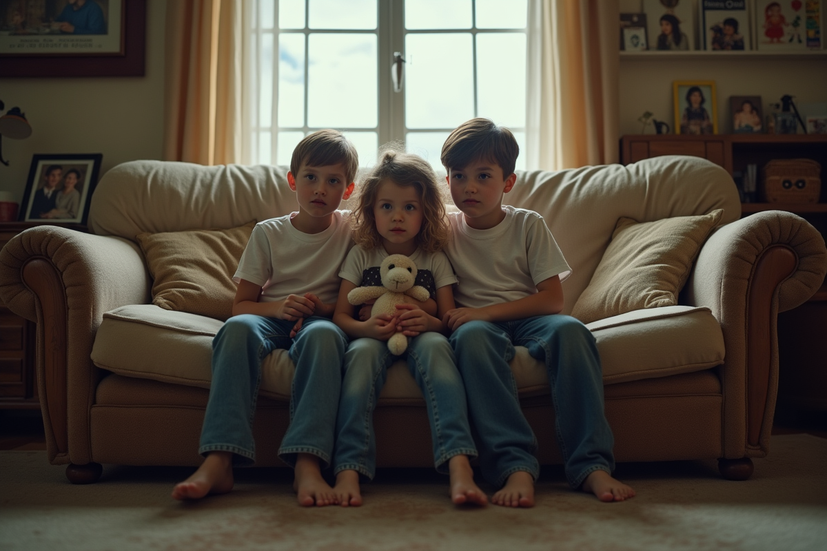 Trois enfants assis sur un canapé dans un salon