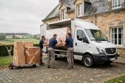 Équipe de déménageurs professionnels chargeant un camion devant une maison en pierre typique de la Sarthe