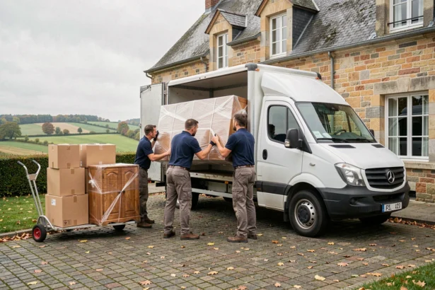 Équipe de déménageurs professionnels chargeant un camion devant une maison en pierre typique de la Sarthe