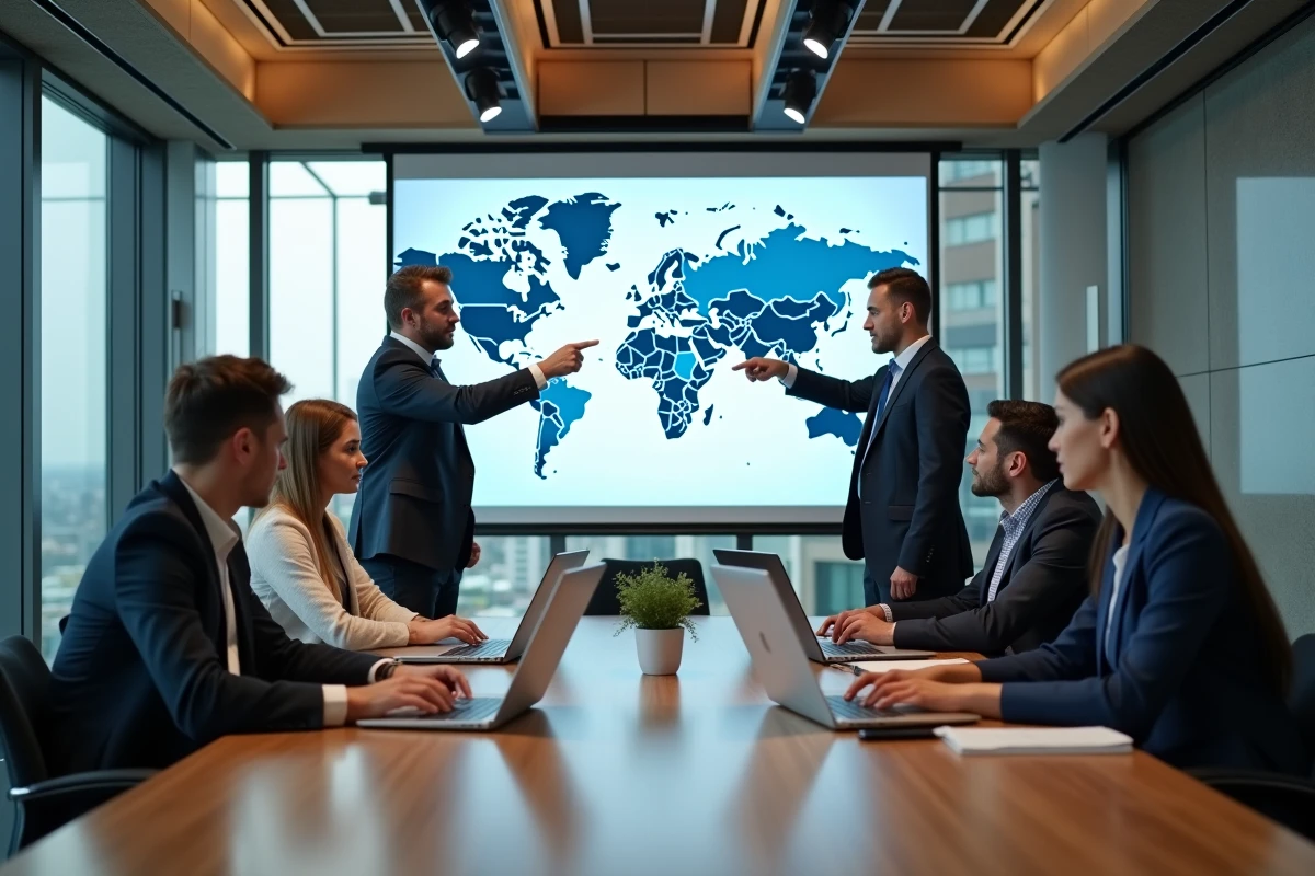 Groupe d analysts cybersécurité en réunion autour d une carte mondiale