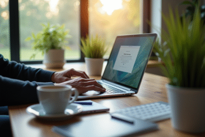 Espace de travail moderne avec personne tapant email sur ordinateur