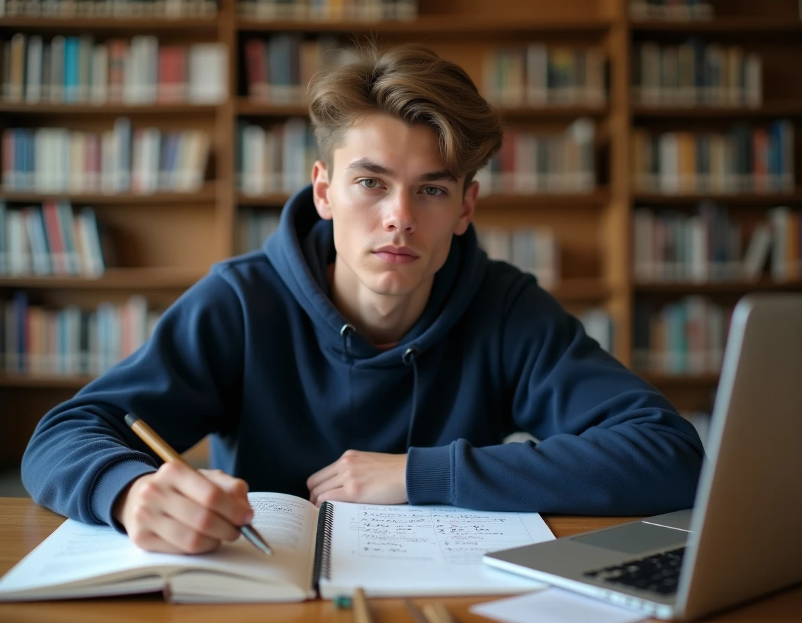 Étudiant à la bibliothèque consultant des formules de conversion pieds en centimètres dans ses cahiers de cours