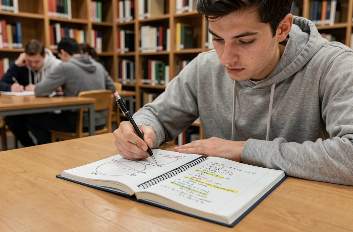 Étudiant en bibliothèque consultant un manuel de conversion entre pourcentages et degrés