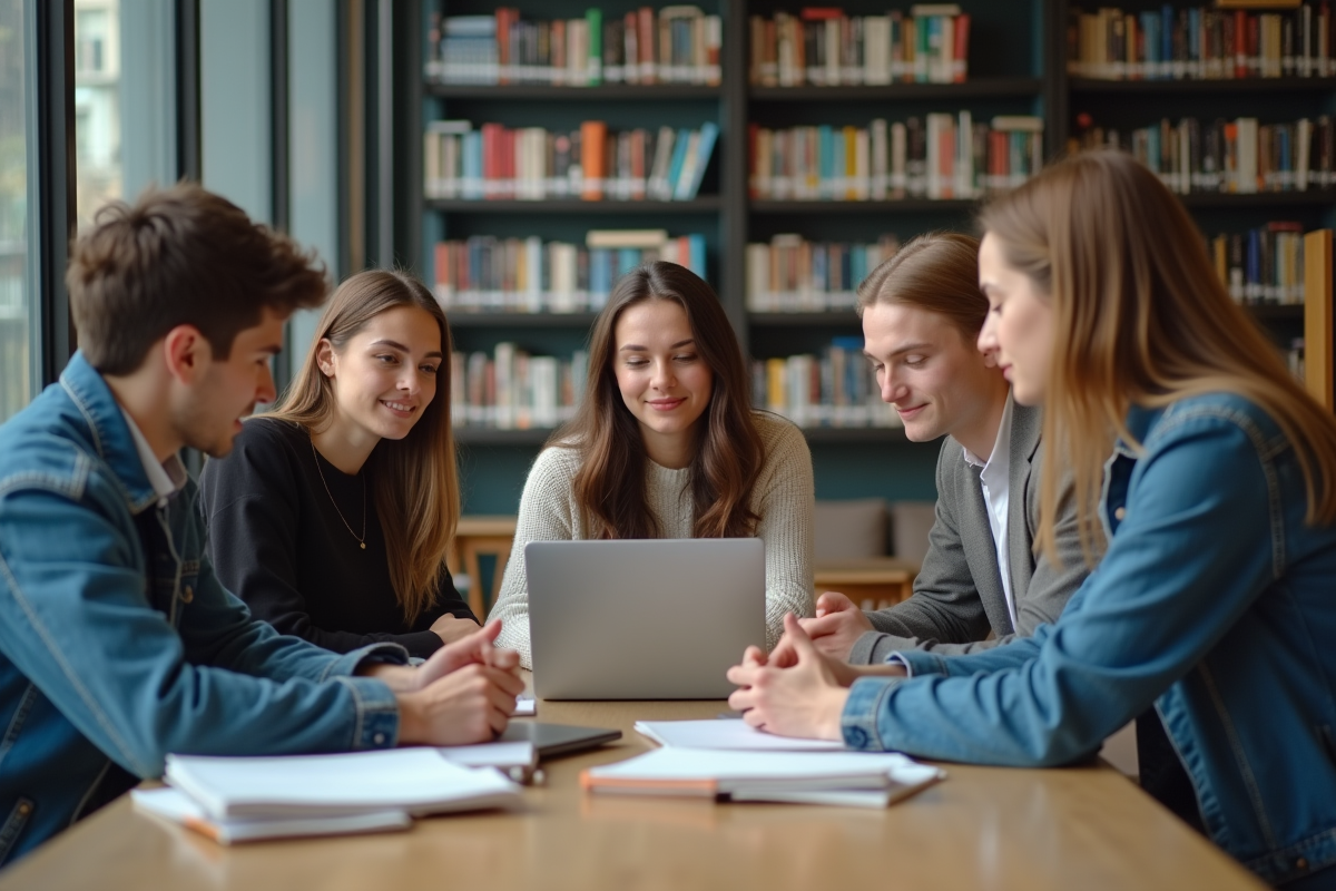 Groupe d'étudiants en bibliothèque universitaire en discussion