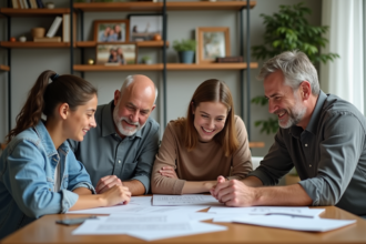 Famille multigenerations réunie dans un bureau chaleureux
