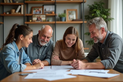 Famille multigenerations réunie dans un bureau chaleureux