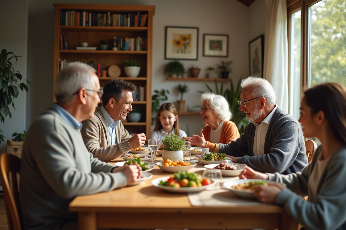 Famille multigeneration partageant un repas à la maison