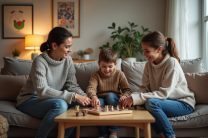 Famille recomposée jouant à un jeu de société dans un salon chaleureux