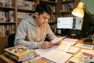 Fan de manga assis à son bureau traduisant des chapitres de One Punch Man avec des notes manuscrites et des volumes empilés