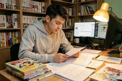 Fan de manga assis à son bureau traduisant des chapitres de One Punch Man avec des notes manuscrites et des volumes empilés