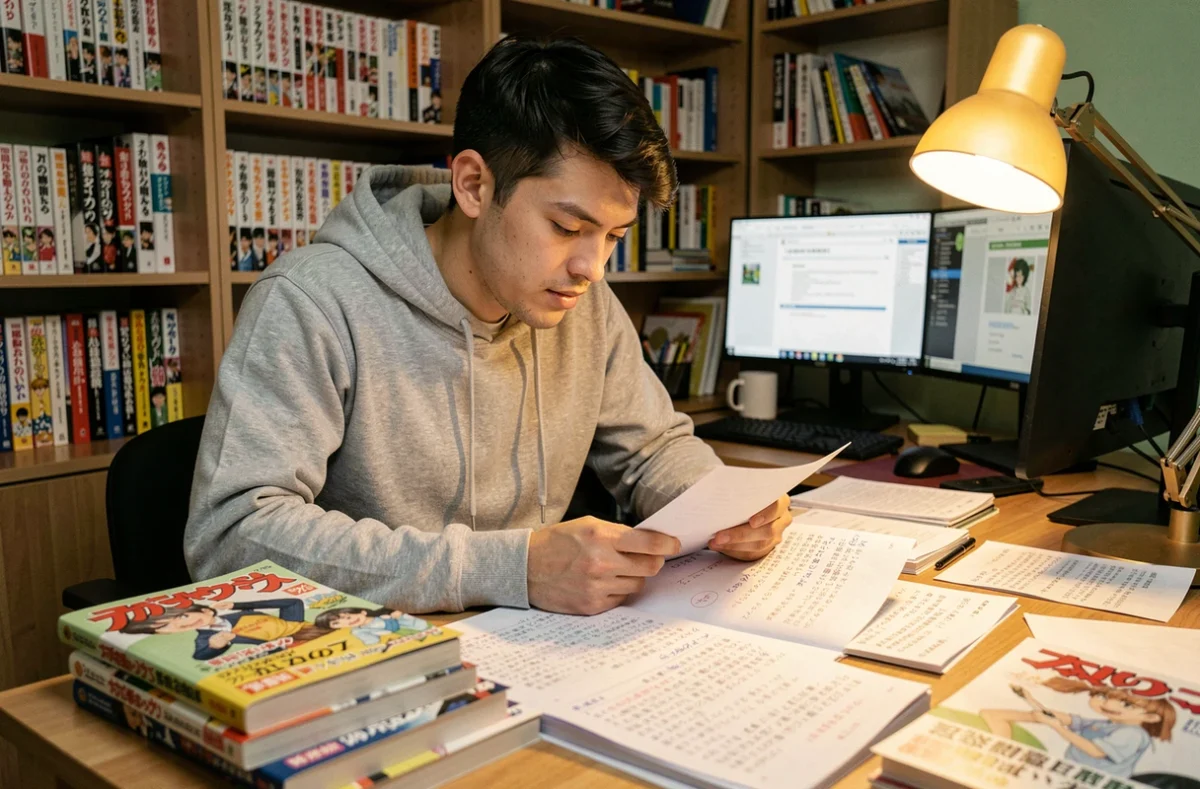 Fan de manga assis à son bureau traduisant des chapitres de One Punch Man avec des notes manuscrites et des volumes empilés