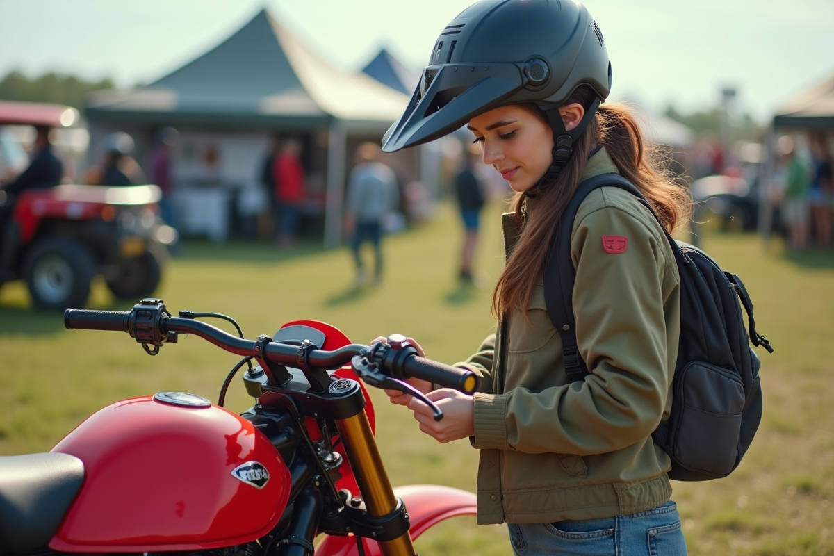 Jeune femme examine un motocross rouge lors d