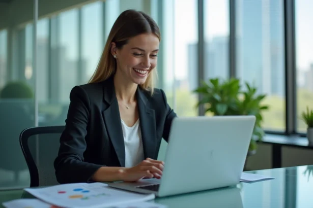 Femme d affaires concentrée sur ses chiffres dans un bureau moderne