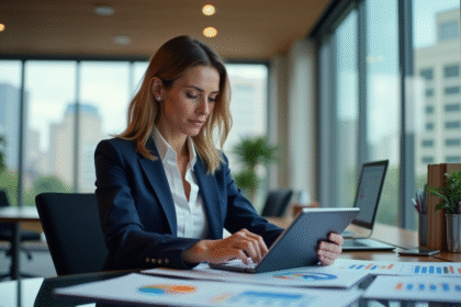 Femme d'affaires en costume analysant des graphiques financiers