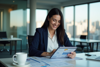 Femme d'affaires souriante avec tablette dans un bureau moderne