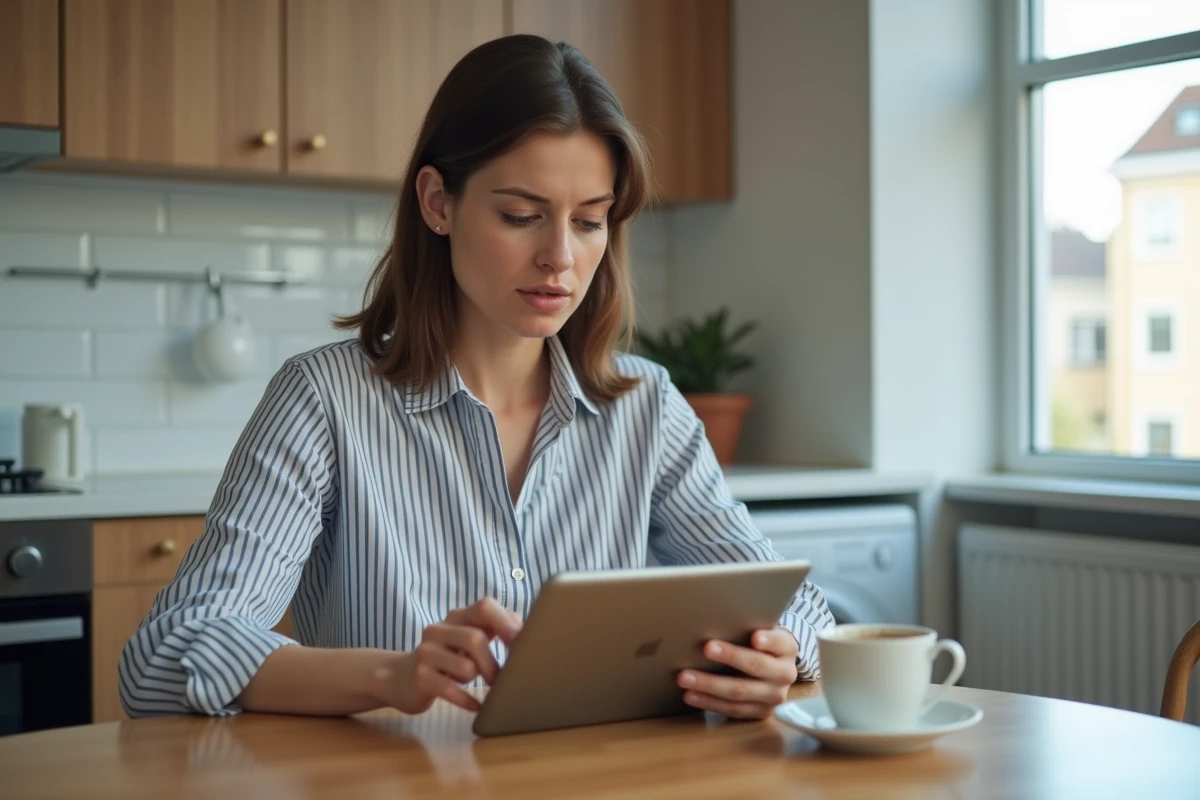 Femme consultant des avertissements de sécurité sur une tablette lors de la lecture de mangas sur un site comme Hiperdex