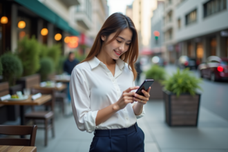 Jeune femme d'affaires utilisant une application bancaire mobile