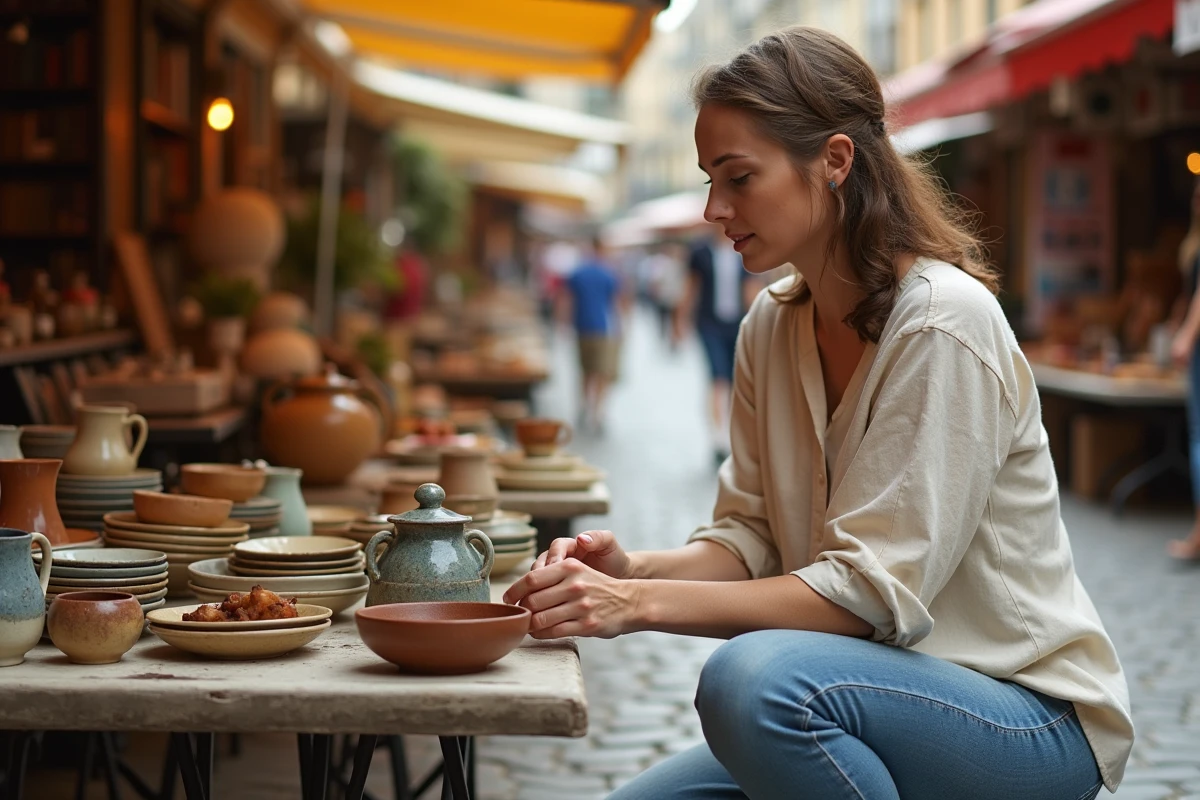 Femme inspectant de la vaisselle ancienne sur un stand de braderie de rue animée le week-end