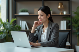 Femme en bureau moderne utilisant chatgpt