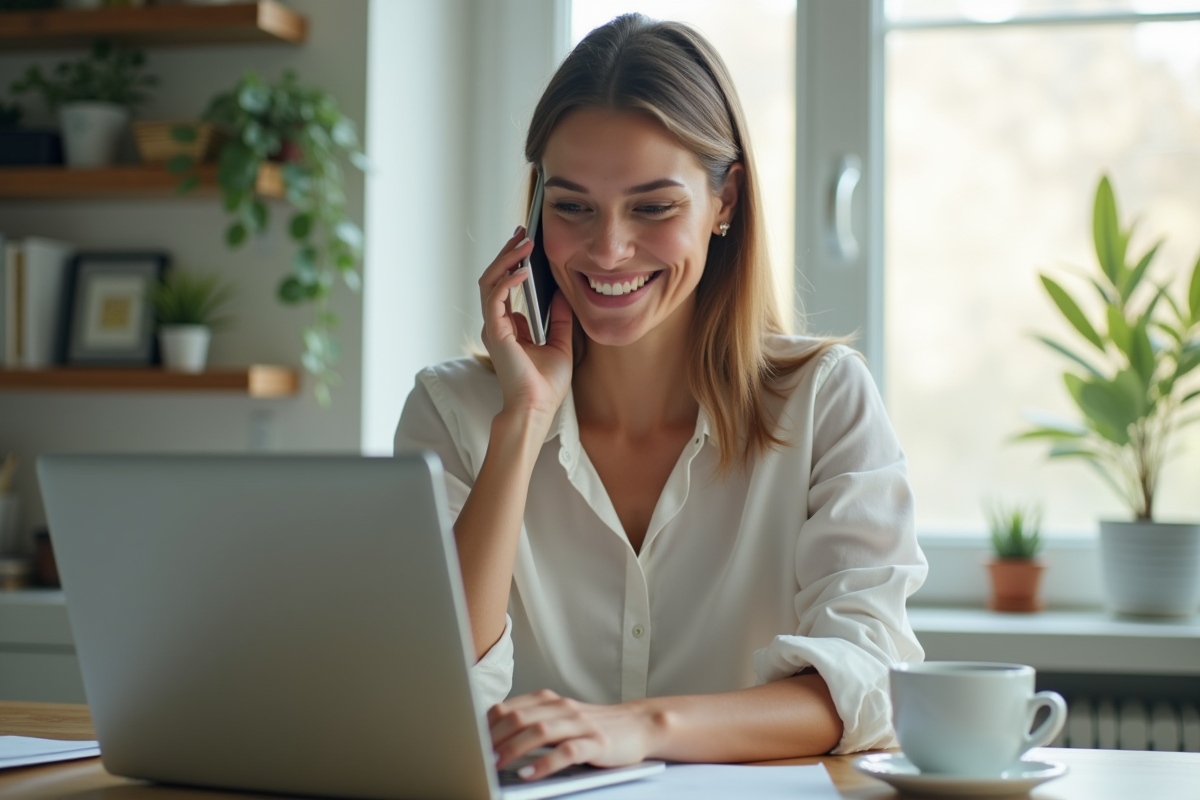 Jeune femme professionnelle dans un bureau moderne souriante au téléphone