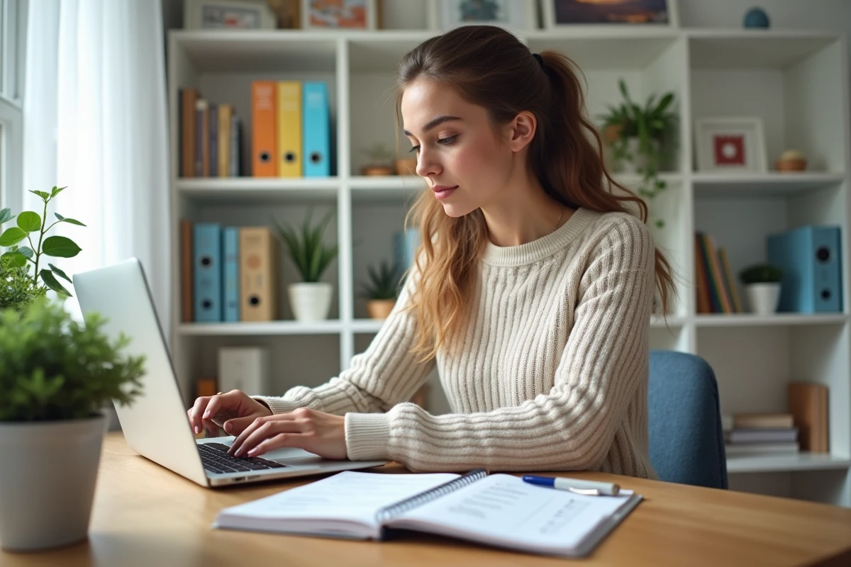 Jeune femme travaillant sur son ordinateur dans un bureau lumineux