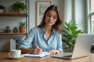 Femme concentrée travaillant dans un bureau lumineux