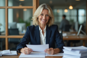 Femme de bureau souriante lisant un document dans un bureau moderne