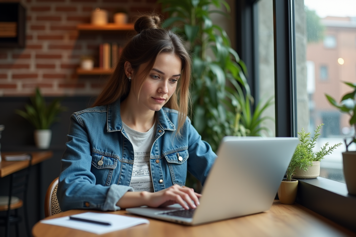 Jeune femme concentrée sur son ordinateur dans un café cosy