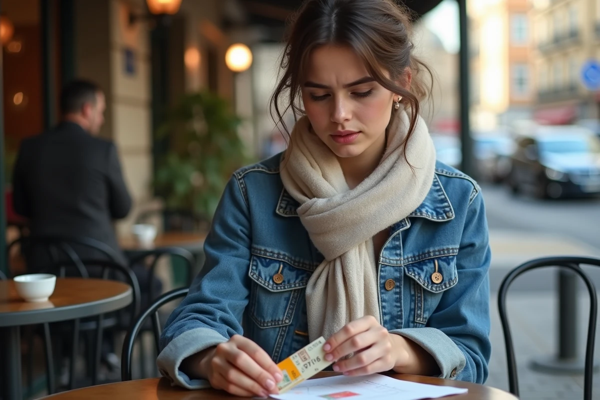 Femme au café examinant un pouch de tabac