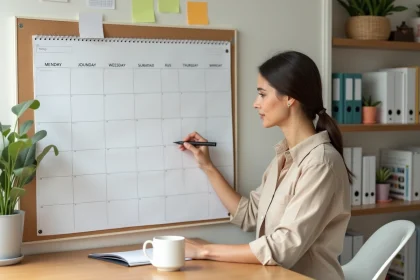 Femme consultant un calendrier papier 2026 avec semaines paires et impaires dans un bureau à domicile