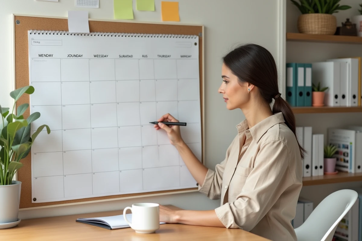 Femme consultant un calendrier papier 2026 avec semaines paires et impaires dans un bureau à domicile