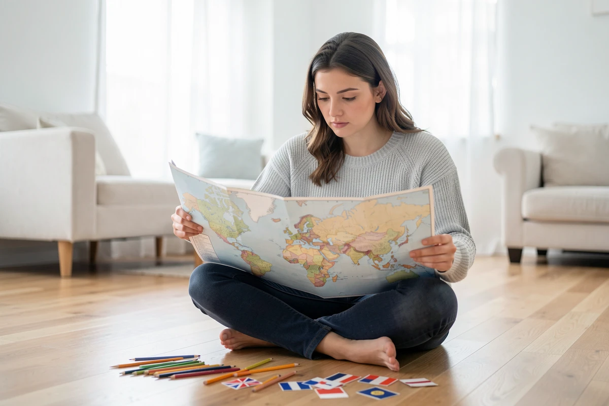 Jeune femme étudiant une carte du monde vierge dépliée sur le sol entourée de crayons de couleur et d'autocollants drapeaux