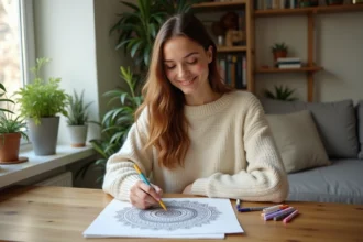 Jeune femme coloriant un mandala dans un salon lumineux