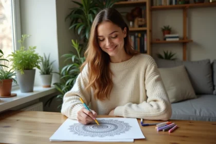 Jeune femme coloriant un mandala dans un salon lumineux
