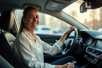 Femme d'âge moyen conduisant une voiture automatique en ville